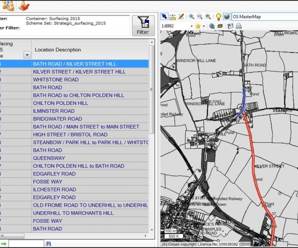 A list of locations and a map of surface data.