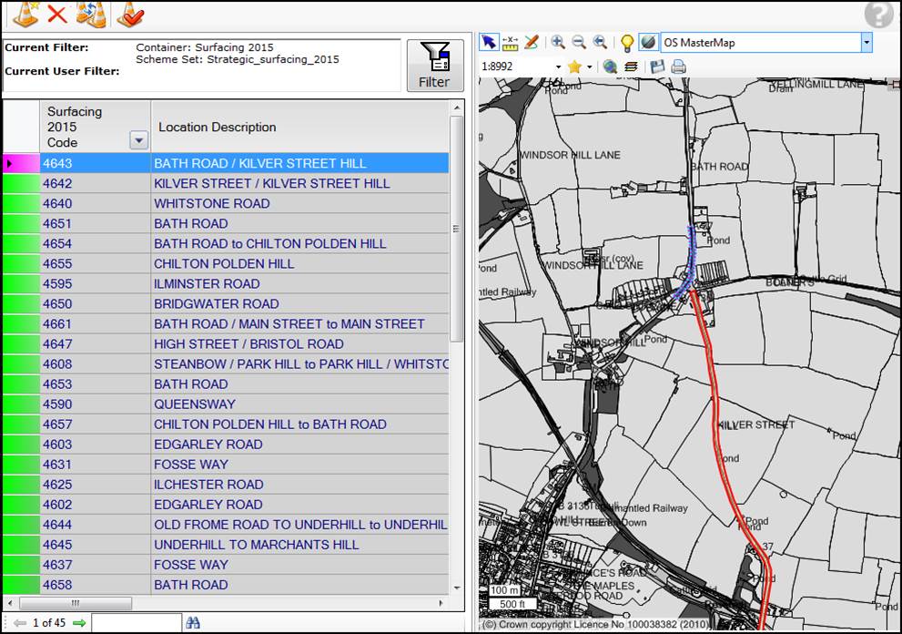 A list of locations and a map of surface data.